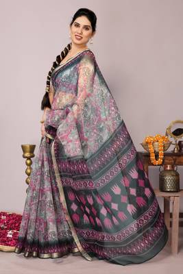 Pink floral print kota doria polyester saree with unstiched blouse piece 2