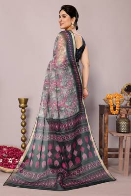 Pink floral print kota doria polyester saree with unstiched blouse piece 4