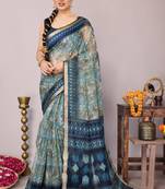 Blue floral print kota doria polyester saree with unstiched blouse piece