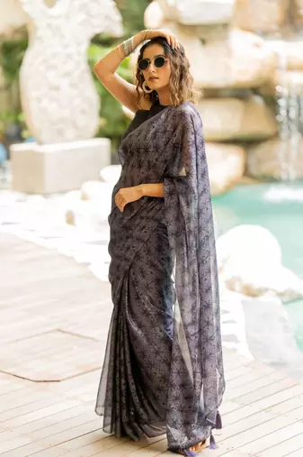 Dusty purple shibori block print chiffon saree with unstiched blouse piece