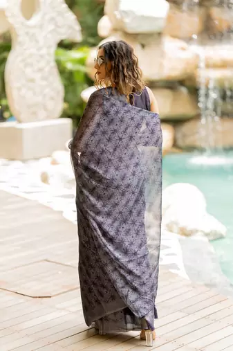 Dusty purple shibori block print chiffon saree with unstiched blouse piece