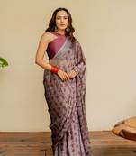 Greyish beige shibori block print chiffon saree with unstiched blouse piece