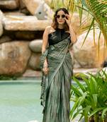 Light dusty green abstract print chiffon saree with unstiched blouse piece