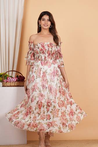 Floral chiffon maxi dress off shoulder neck with smocked summer dress