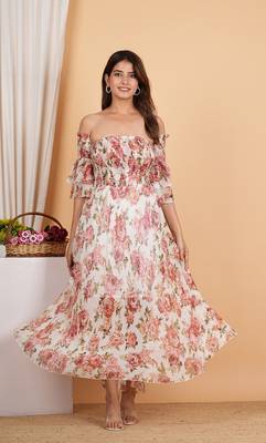 Floral chiffon maxi dress off shoulder neck with smocked summer dress 1