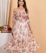 Floral chiffon maxi dress off shoulder neck with smocked summer dress
