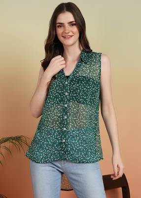  women's chiffon floral print waist lengtth c-cut spread collar sleeveless top (green) 1
