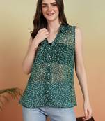 Yash gallery women's chiffon floral print waist lengtth c-cut spread collar sleeveless top (green)