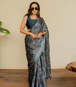Light greyish blue geometric print chiffon saree with unstiched blouse piece