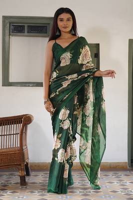Light dusty blue floral print chiffon saree with unstiched blouse piece 1