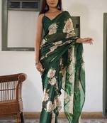 Dark green floral print chiffon saree with unstiched blouse piece