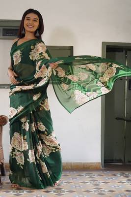 Light dusty blue floral print chiffon saree with unstiched blouse piece 2