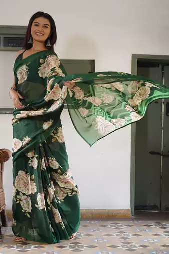 Light dusty blue floral print chiffon saree with unstiched blouse piece