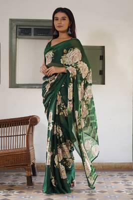 Light dusty blue floral print chiffon saree with unstiched blouse piece 3