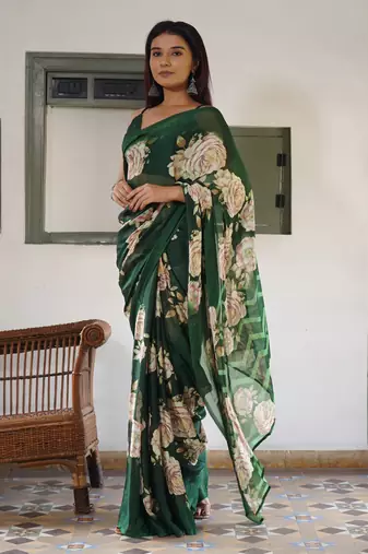 Light dusty blue floral print chiffon saree with unstiched blouse piece