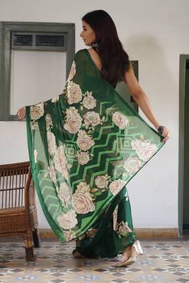 Light dusty blue floral print chiffon saree with unstiched blouse piece 4