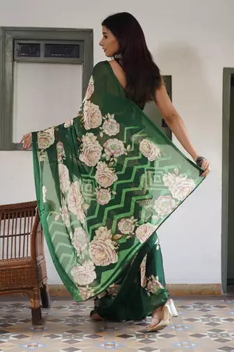 Light dusty blue floral print chiffon saree with unstiched blouse piece