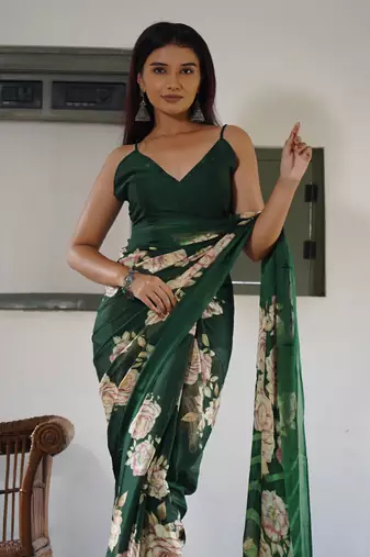 Light dusty blue floral print chiffon saree with unstiched blouse piece