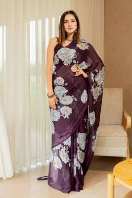 Wine floral print chiffon saree with unstiched blouse piece 1