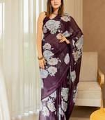 Wine floral print chiffon saree with unstiched blouse piece