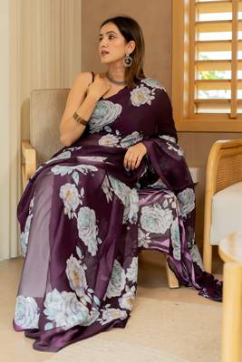 Wine floral print chiffon saree with unstiched blouse piece 2