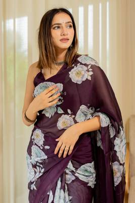 Wine floral print chiffon saree with unstiched blouse piece 3