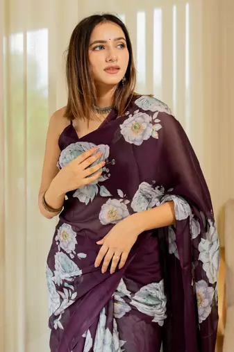 Wine floral print chiffon saree with unstiched blouse piece