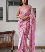 Light peach floral print chiffon saree with unstiched blouse piece