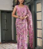 Light pink floral print chiffon saree with unstiched blouse piece