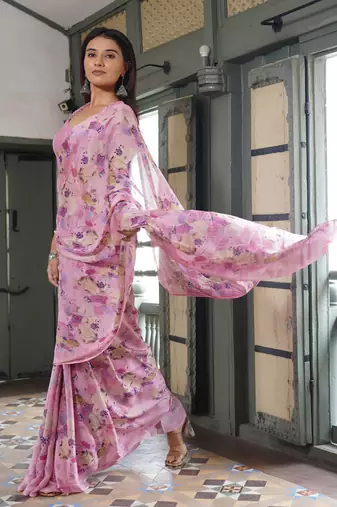 Light pink floral print chiffon saree with unstiched blouse piece