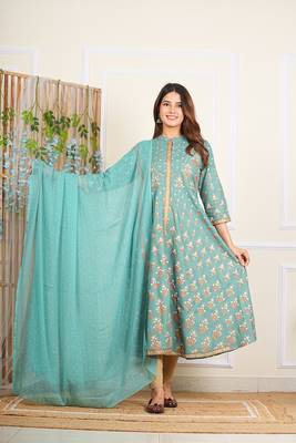 women's rayon floral printed anarkali kurta mandarin collar with gota detailling & dupatta 1
