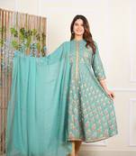 women's rayon floral printed anarkali kurta mandarin collar with gota detailling & dupatta