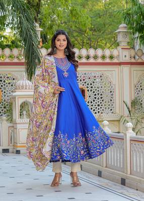 women's rayon floral placement printed anarkali kurti (blue) & dupatta 1