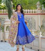 women's rayon floral placement printed anarkali kurti (blue) & dupatta