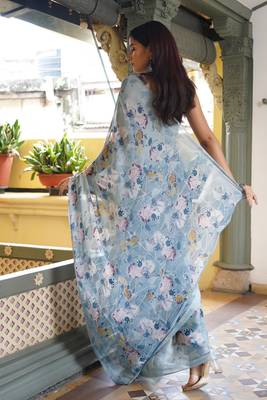 Light dusty blue floral print chiffon saree with unstiched blouse piece 4