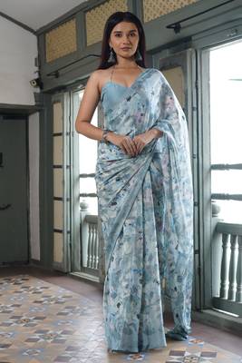 Light dusty blue floral print chiffon saree with unstiched blouse piece 1