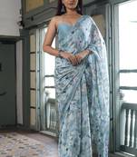 Light dusty blue floral print chiffon saree with unstiched blouse piece
