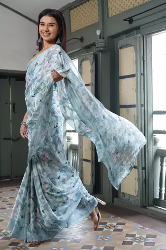 Light dusty blue floral print chiffon saree with unstiched blouse piece