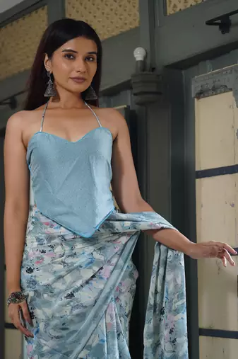 Light dusty blue floral print chiffon saree with unstiched blouse piece