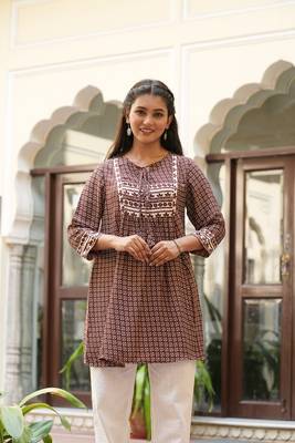 women's brown polyester floral print short kurti 2