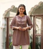 women's brown polyester floral print short kurti