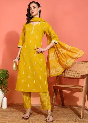 women's mustard cotton slub ikat print straight kurta with pant & dupatta (mustard) 1