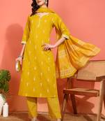 women's mustard cotton slub ikat print straight kurta with pant & dupatta (mustard)