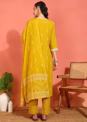 women's mustard cotton slub ikat print straight kurta with pant & dupatta (mustard) 2