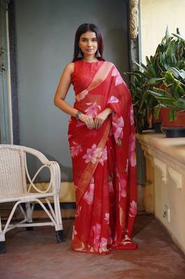 Red floral print chiffon saree with unstiched blouse piece 1