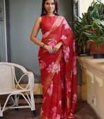 Red floral print chiffon saree with unstiched blouse piece