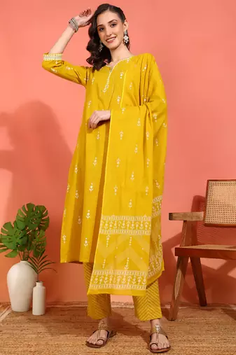 women's mustard cotton slub ikat print straight kurta with pant & dupatta (mustard)