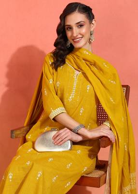 women's mustard cotton slub ikat print straight kurta with pant & dupatta (mustard) 4