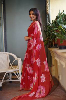 Red floral print chiffon saree with unstiched blouse piece 3