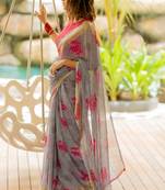 Grey block geometric print chiffon saree with unstiched blouse piece
